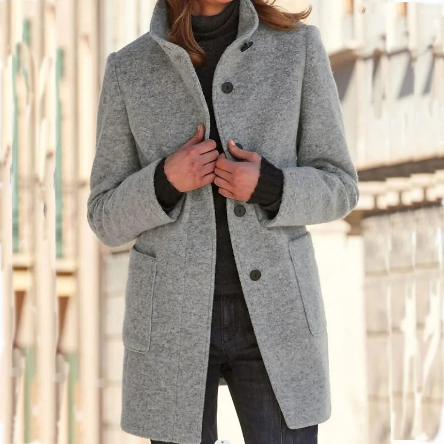 Autumn and Winter Retro Button Standup Collar Woolen Jacket Womens Clothing 251029