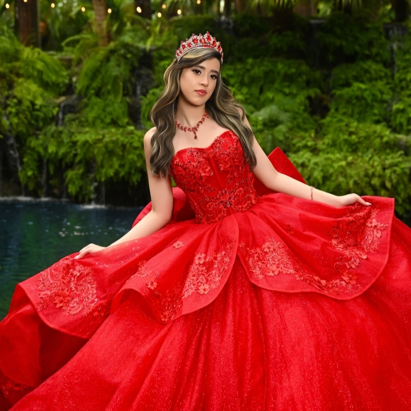 Red Princess Off the Shoulder Sweet 16 Dress Quinceanera Dresses Applique Lace Beads Bow Tull Party Birthday Vestidos 15
