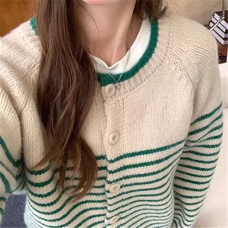 Women Clothes Spring Autumn Fashion Korean Button Striped Color Blocking Knitting Female Appear Thin Loose Cardigan Sweater CoatT251028
