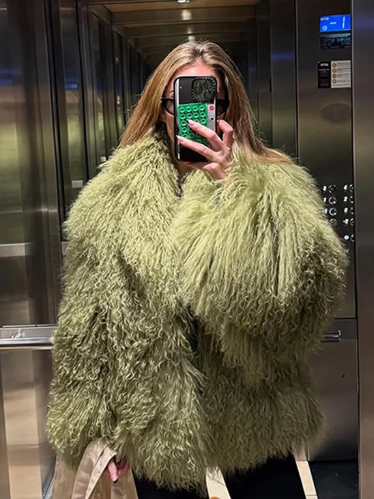 Green Fluffy Faux Fur Jacket Women Fashion Lapel Long Sleeve Loose Warm Coat 2025 Winter Lady High Street Outerwear 251029