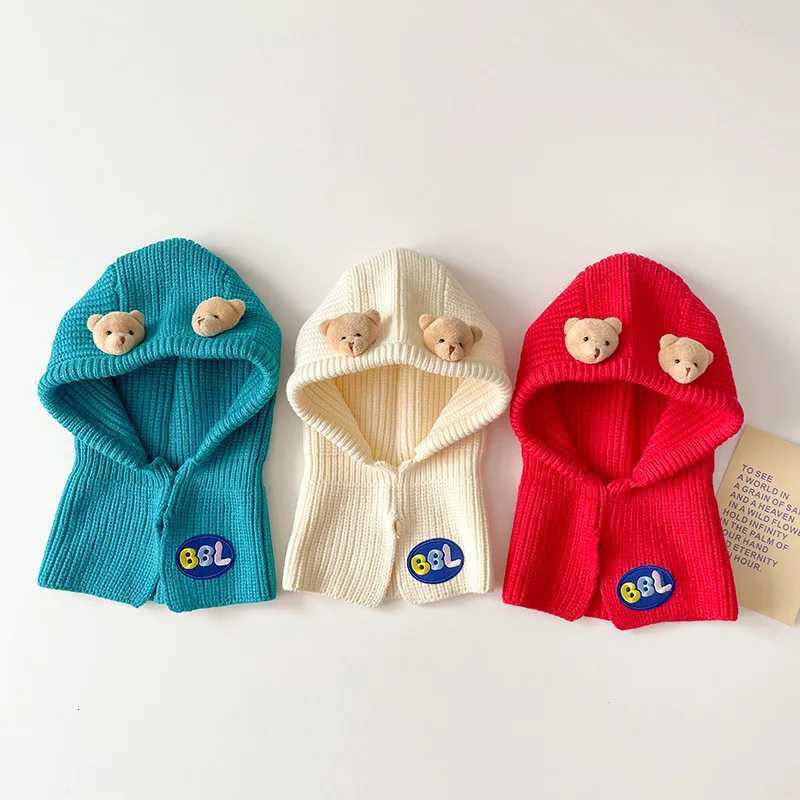 Cute Bear Kids Balaclava Knit Hat Cartoon Baby One Piece Scarf Cap 16Year Boy Girl Winter Warm Hooded Beanie Children Headgear251028