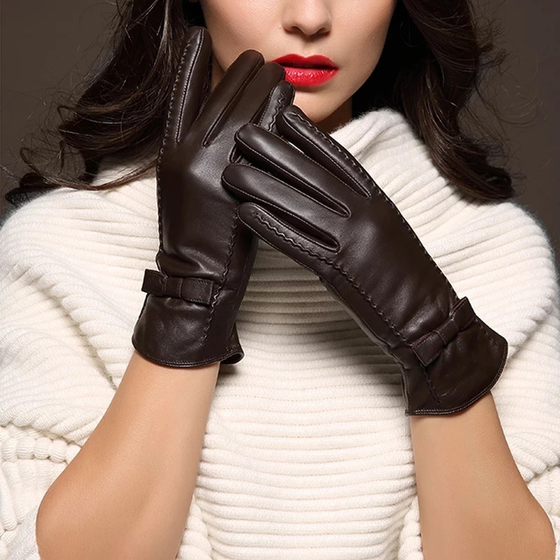 100 High Quality Real Leather Gloves Touch Screen Women Sheepskin Thicken Warm Brown Lady Fleece Mittens 251013