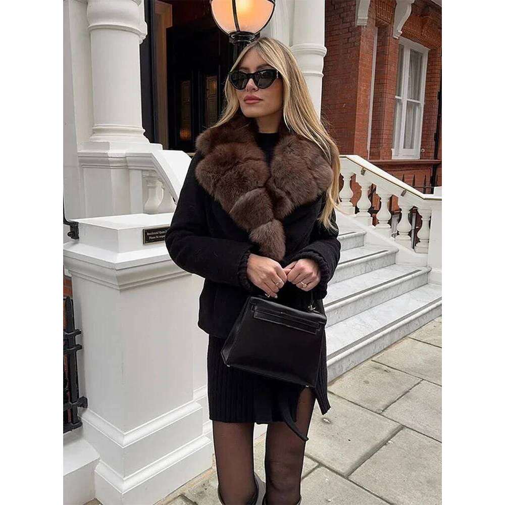 Solid Faux Fur Collar Woolen Overcoat Women Casual Full Sleeve Lace Up Short Jackets 2025 Lady Daily Outdoor Street Warm Coat
