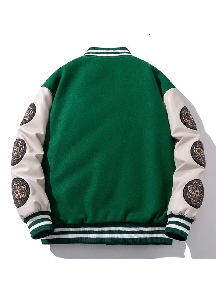 Vintage Varsity Jacket Men Winter Letter Embroidery Baseball Women Leather Sleeve Fashion Casual Woolen Coat Green Parka 251028