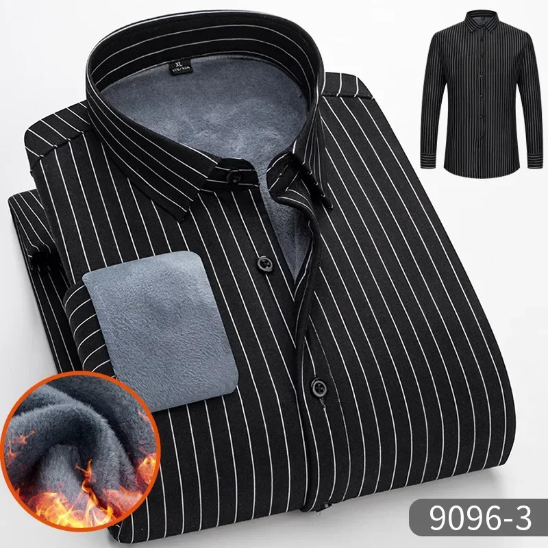Mens Striped Long Sleeve Warm Shirts Singlebreasted Turndown Collar Business Shirt Fleece Lined Tops for Men 251029