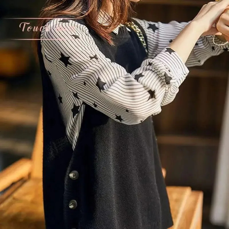 Fashion knit sweater vest College style under threebutton solid color crew neck casual allmatch pullover sweater for women 251029