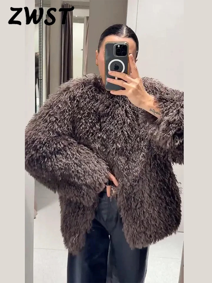 Fashion Brown Faux Fur Coat Women Chic Autumn Winter Warm Fluffy Full Sleeve Oneck Jacket Casual Thciken Overcoat Lady 251028