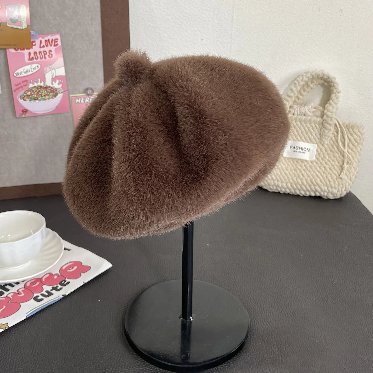 Winter Plush Beret Hat Fluffy Fur Women Warm Octagonal Cap Solid Color Girl Painter Artist Caps 251029
