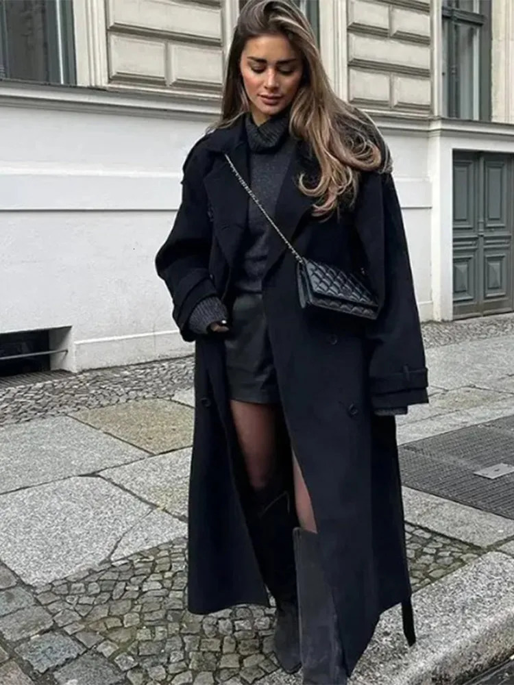 Fashion Belt Woolen Long Coat For Women Loose Lapel Sleeve Double Breasted Autumn Winter Overcoat Streetwears 251028