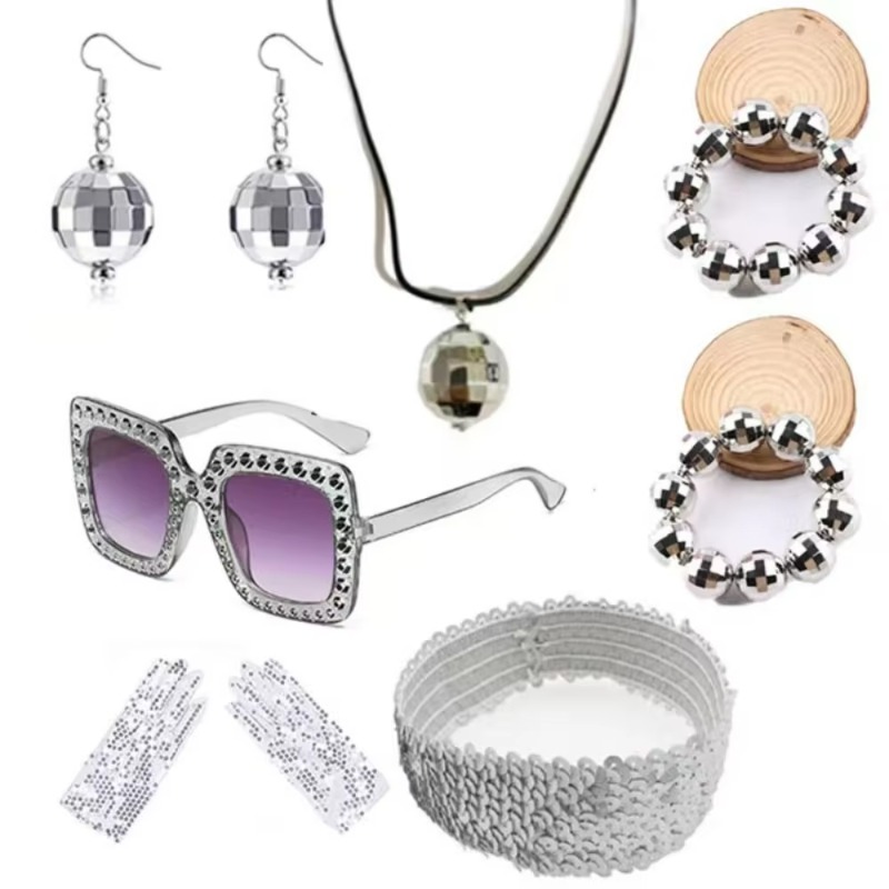 A collection of 6 disco accessories: mirror ball earrings, necklaces, bracelets, sunglasses, and sequined belts. Suitable for stage performances and w