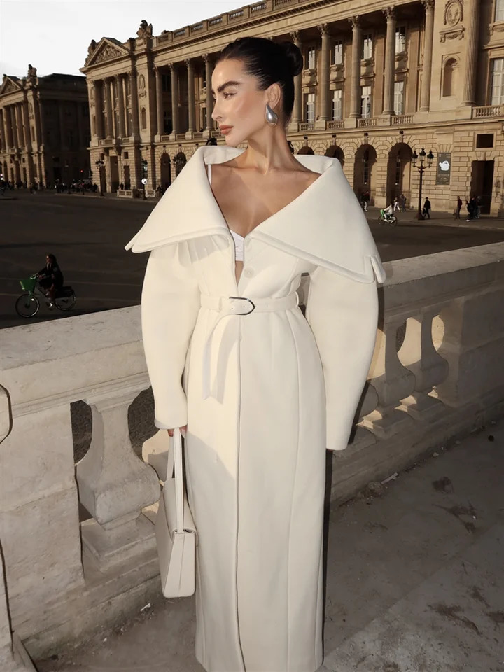 Elegant Womens Wool Blend Maxi Dress Coat Oversized Cape Lapel Belted Chic Outerwear Loose Warm Autumn Winter Fashion Outfit 251029