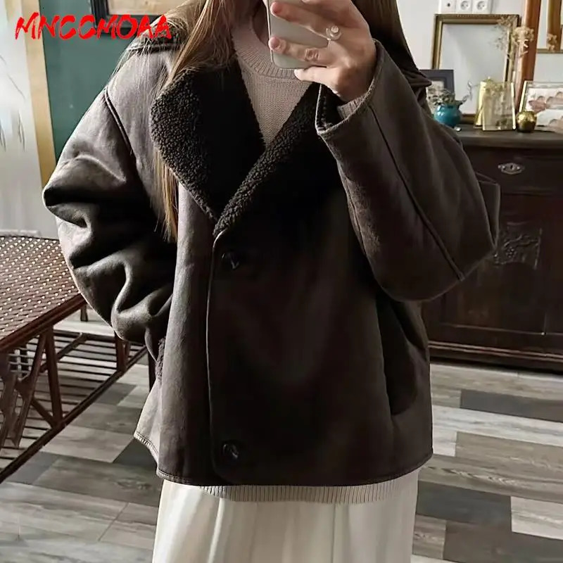 MNCCMOAA High Quality Winter Women Vintage Long Sleeve Warm Faux Fleece Jacket Coat Female Casual Solid Pocket Outwear Tops 251029