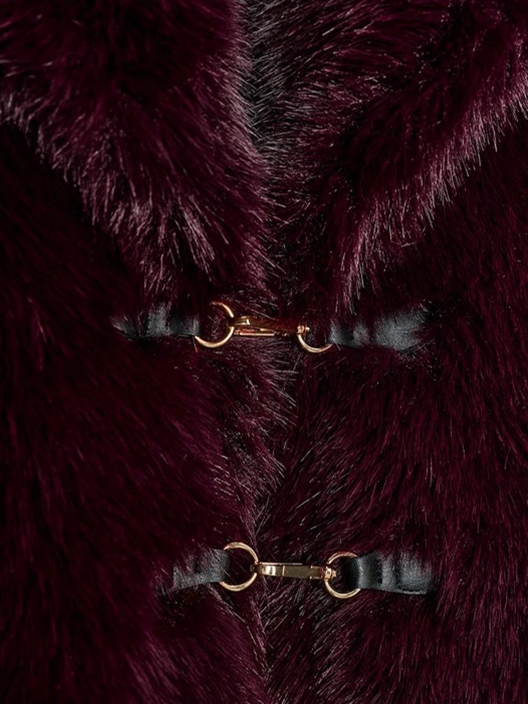 Elegant Burgundy Red Fur Coat Women Loose Warm Lapel Lace Up Full Sleeve Coats Female Chic Thicken Belt Winter Outwear Lady 251029