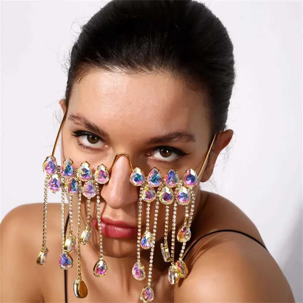 Fashion AB Crystal Glasses Frames Designer Steampunk Sunglasses Frames Tassel Face Chain Jewelry For Women Eyewear DecorationW251029