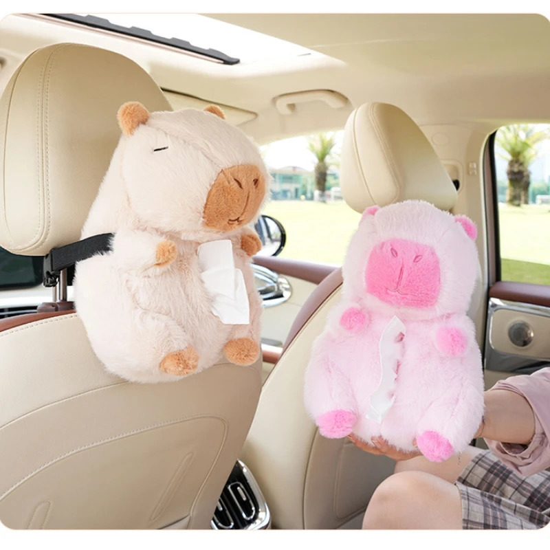 Car Tissue Boxes Capybara Plush Accessories Car Backseat Hanging Tissue Bag Box Plush Holder Cover Auto Toys Interior Decoration 251029