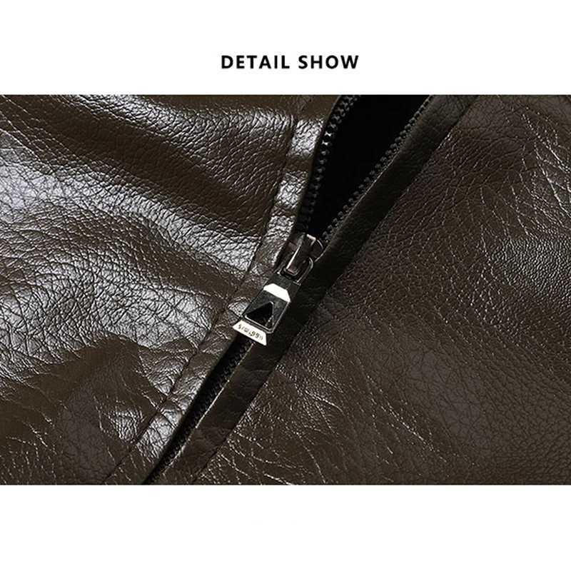 Mens Autumn Winter Fleece Lined PU Leather Jacket Retro Fashion Classic Coat with Removable Collar DecorationT251029