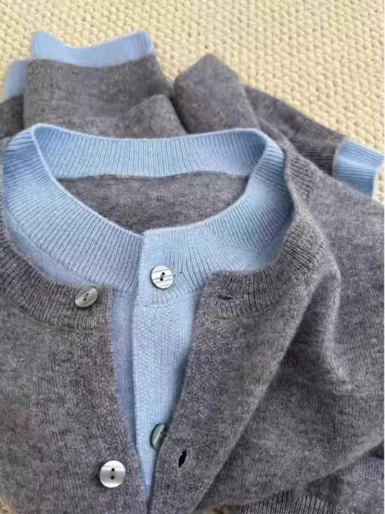 Korean Splice Knitted Cardigan Round Neck Sweater Womens Inner Wear Base Knitwear Shirt Autumn Winter Matching TopT251028