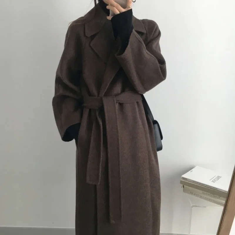 Elegant Woolen Coat Womens Autumn Winter Mid Length Adjustable Waist Thick Casual Long Sleeve Fashion Wool Coats Female 251028