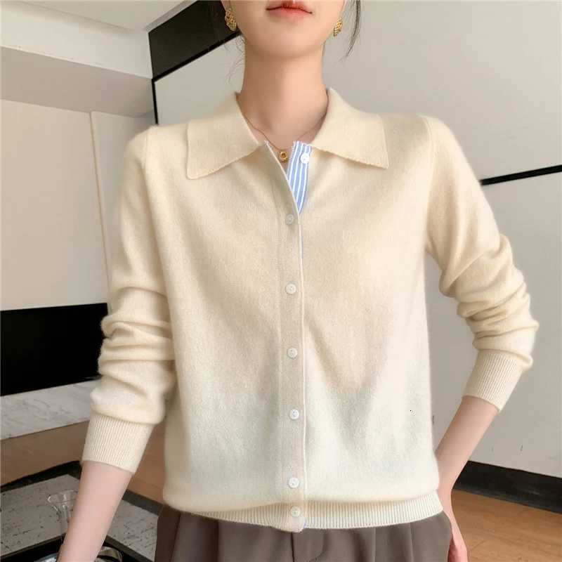 Womens Polo Collar Shirt Cardigan Merino Wool Sweater Longsleeve Color Bar Clothing Spring Autumn Warm Knitwear Female TopT251028