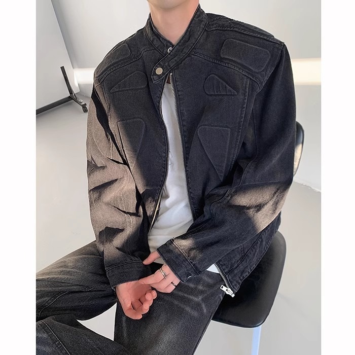 Korean Style Niche Short Three-dimensional Deconstructed Padded Shoulder Denim Jacket For Men Loose Fit Handsome Stand Collar Designer Jacket Motorcyc