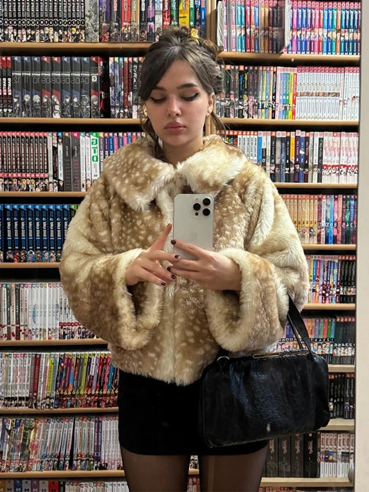 Leopard Print Women Faux Fur Short Coat Full Sleeve Lapel Collar Single Breasted Loose Mini Coats Lady Daily Street Outwear 251028