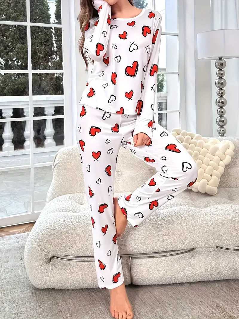 Autumn Winter Pajama Set for Women Sleepwear Heart Print Knitted RoundNeck Loose Tops and Elastic Long Pants LoungewearT251029