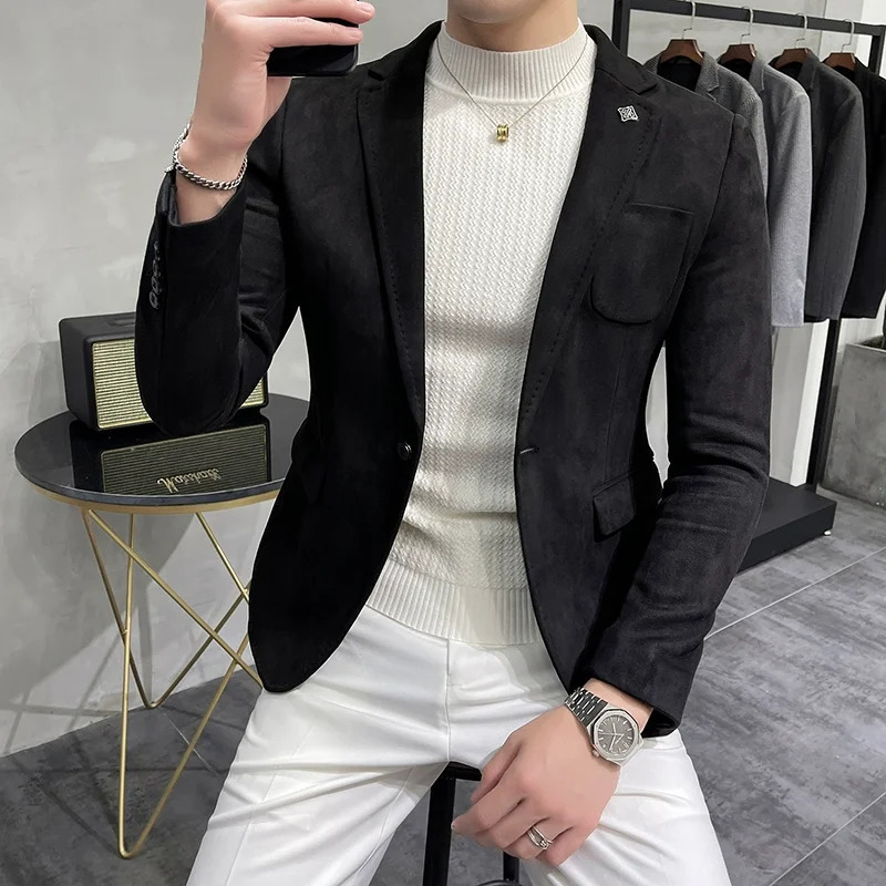 Mens Deerskin Fleece Jacket Suit Coat Blazer Business Leisure Slim Fit Fashion High Quality Single Button 251028