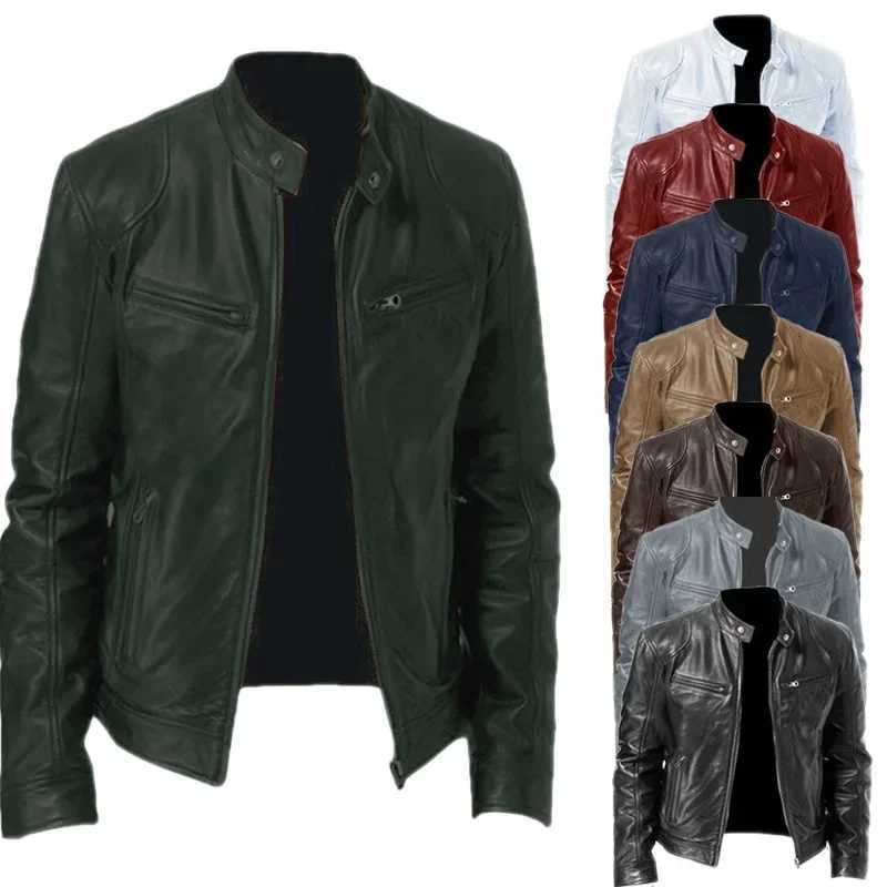 New Business Zipper Cardigan Pocket Decoration PU Leather Coat Stand Collar Zipper Leather JacketT251029
