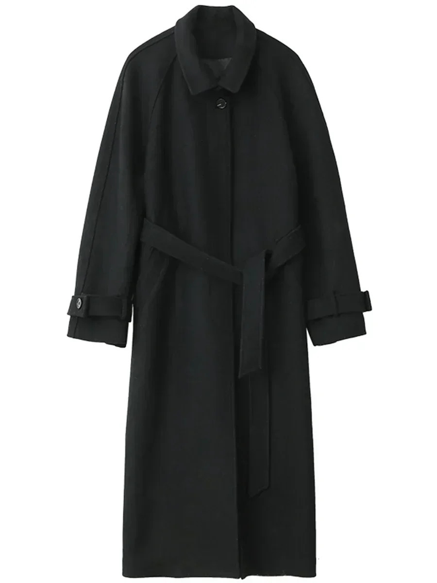 CHIC VEN Womens Long Trencn Coat Standing Belt Lace Up Woolen Raglan Sleeves Overcoat Office Lady Autumn Winter 251028