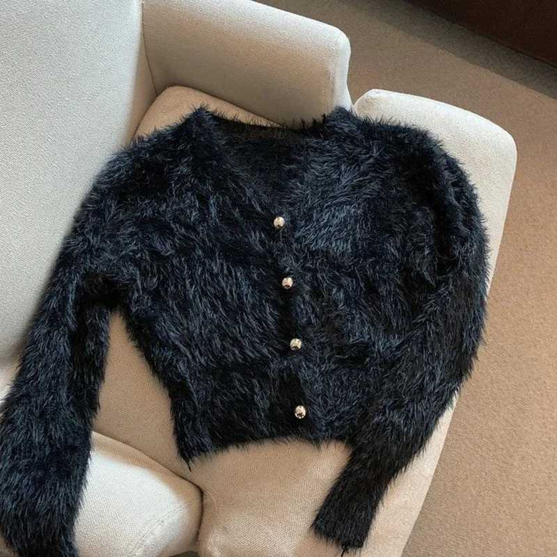 Vintage Cropped Mohair Knitted Cardigan Women V Neck Sweater Coat Streetwear Korean Black White Knitwear Solid Slim Jumpers NewT251028