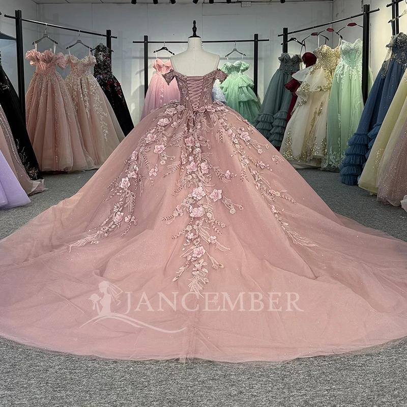 Green Shiny Ball Gown Quinceanera Dresses Off The Shoulder Applique Lace Beads Bow Tull Party Birthday Sweet 16 Dress Vestidos 15 De