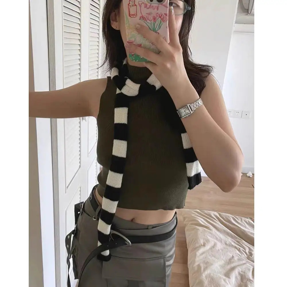 Y2k Black Grey Stripe Long Scarves Women Harajuku Cotton Scarves Black And White Striped Scarf Thin Long Decorative Neckerchief 251029
