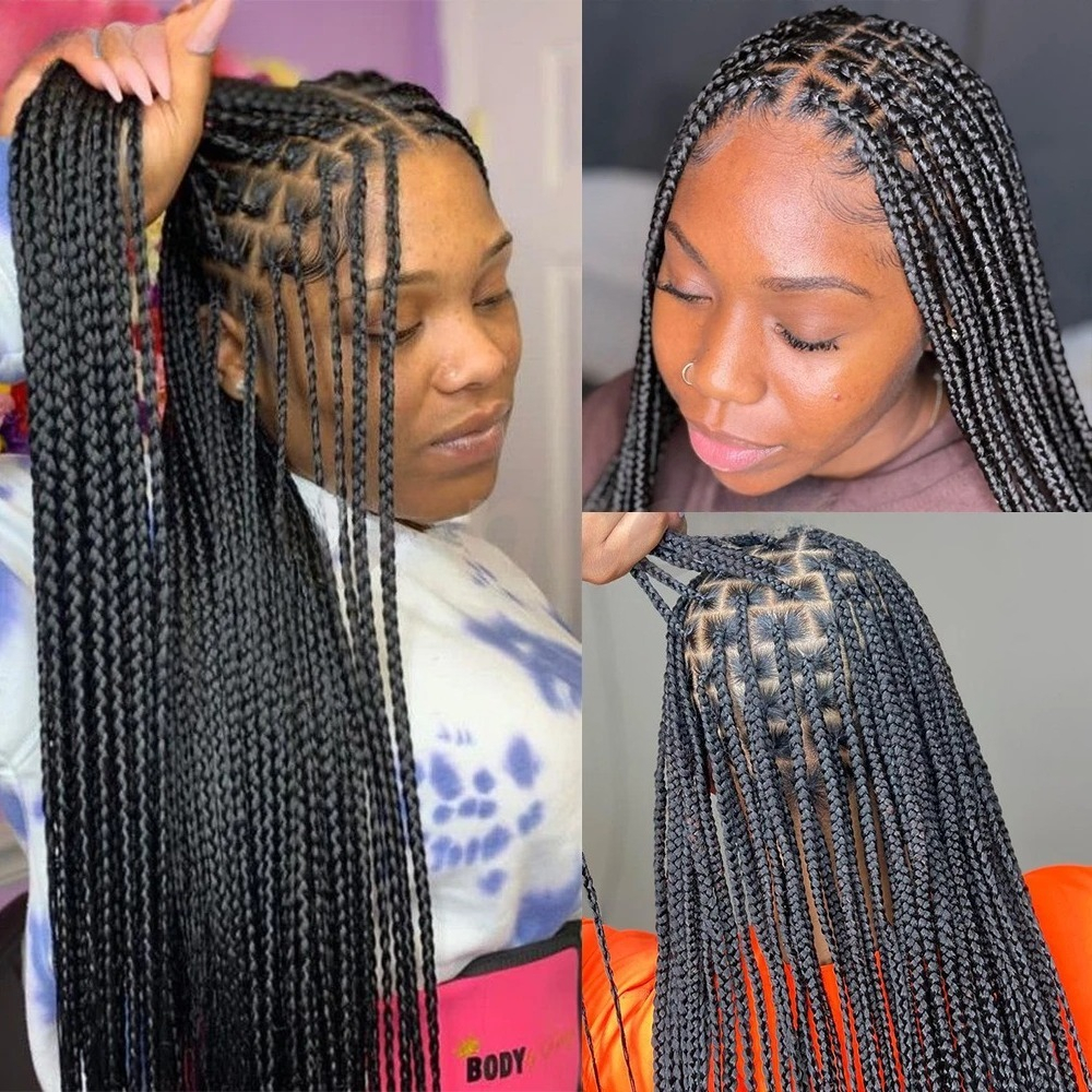 26 Full Lace Wig Black Box Braided Human Hair Wig Glueless Synthetic Lace Front Wig Knotless Cornrow Braid Wig With Baby Hair