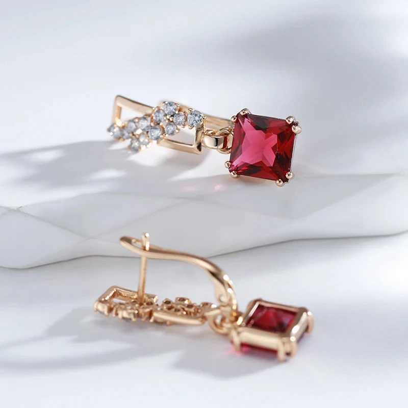 Wbmqda Fashion 585 Rose Gold Color Long Dangle Earrings For Women Square Red Natural Zircon Accessories Luxury Dubai JewelryW251029