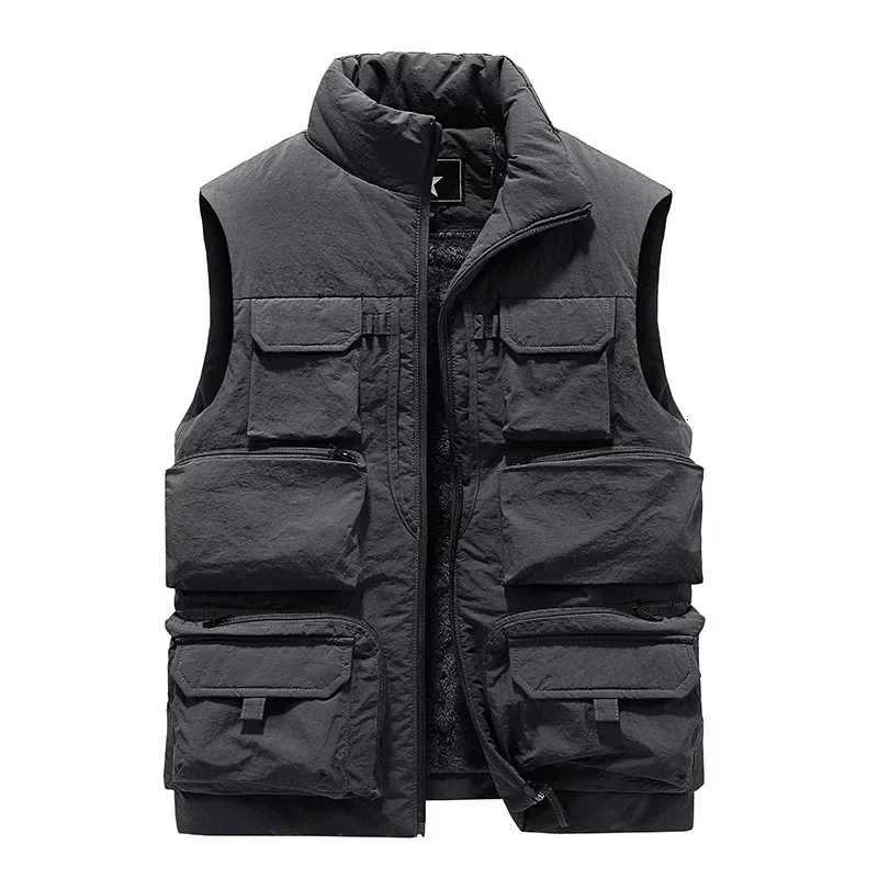 Mens New Keep Warm Fleece Work Sleeveless Jacket Slim Fit Windbreaker Fashion Many Pocket Jacket Men Winter Sleeveless Jackets W251029