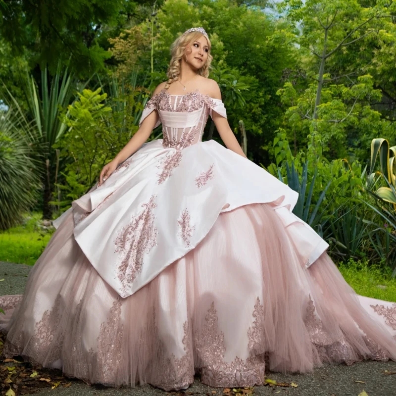Pink Ball Gown Quinceanera Dresses Off The Shoulder Applique Lace Tull Party Birthday Sweet 16 Dress Vestidos 15 De Anos