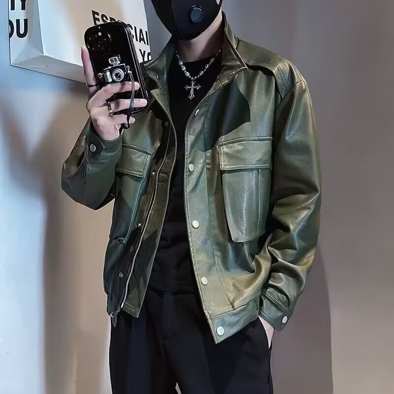 Men's Leather Jacket Spring Autumn 2025 New Slim Fit Versatile Designer Jacket Trendy Cool Motorcycle Short Workwear Casual Leather Jacket