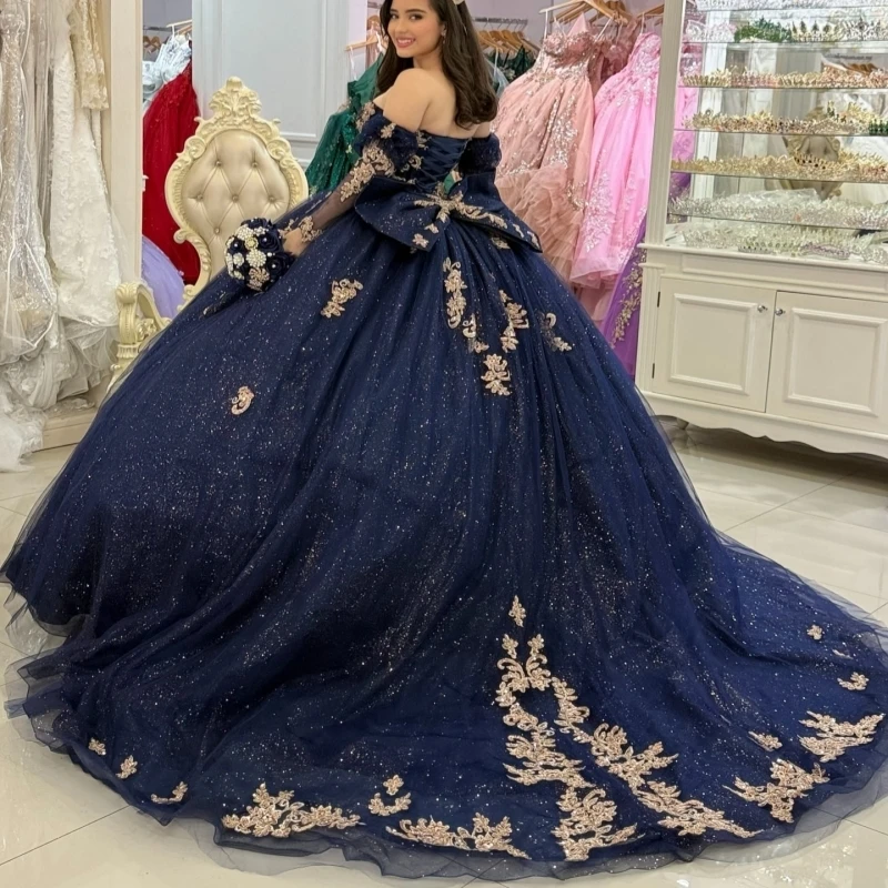 Navy Blue Shiny Ball Gown Quinceanera Dresses Off The Shoulder Applique Lace Beads Bow Tull Party Birthday Sweet 16 Dress Vestidos