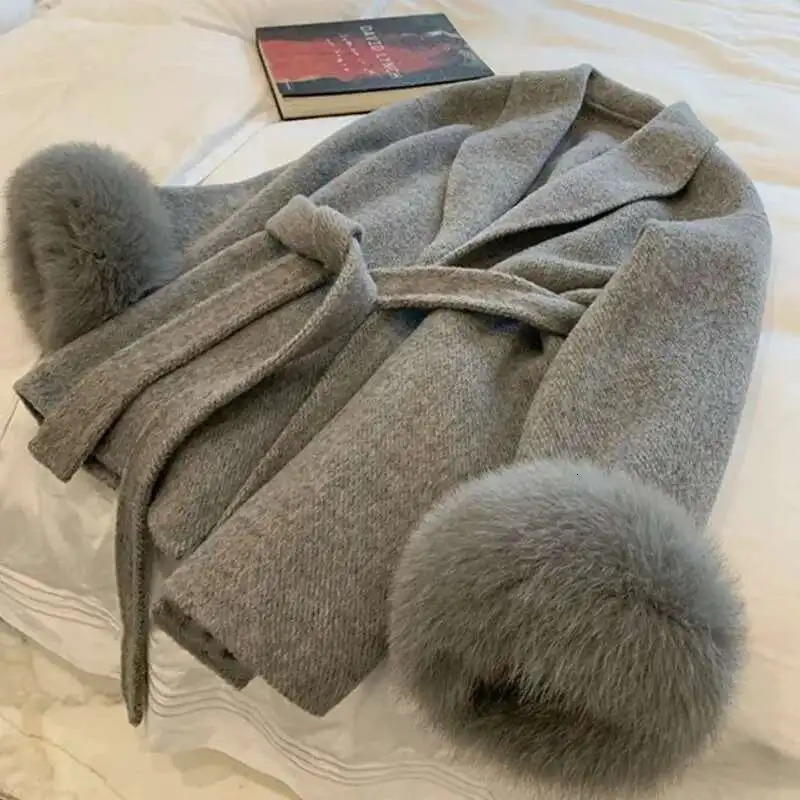Womens Autumn And Winter Versatile Tweed Cape Coat Belt Models Highlevel Sense of Fox Fur Cuffs Blends Coat for Women 251029
