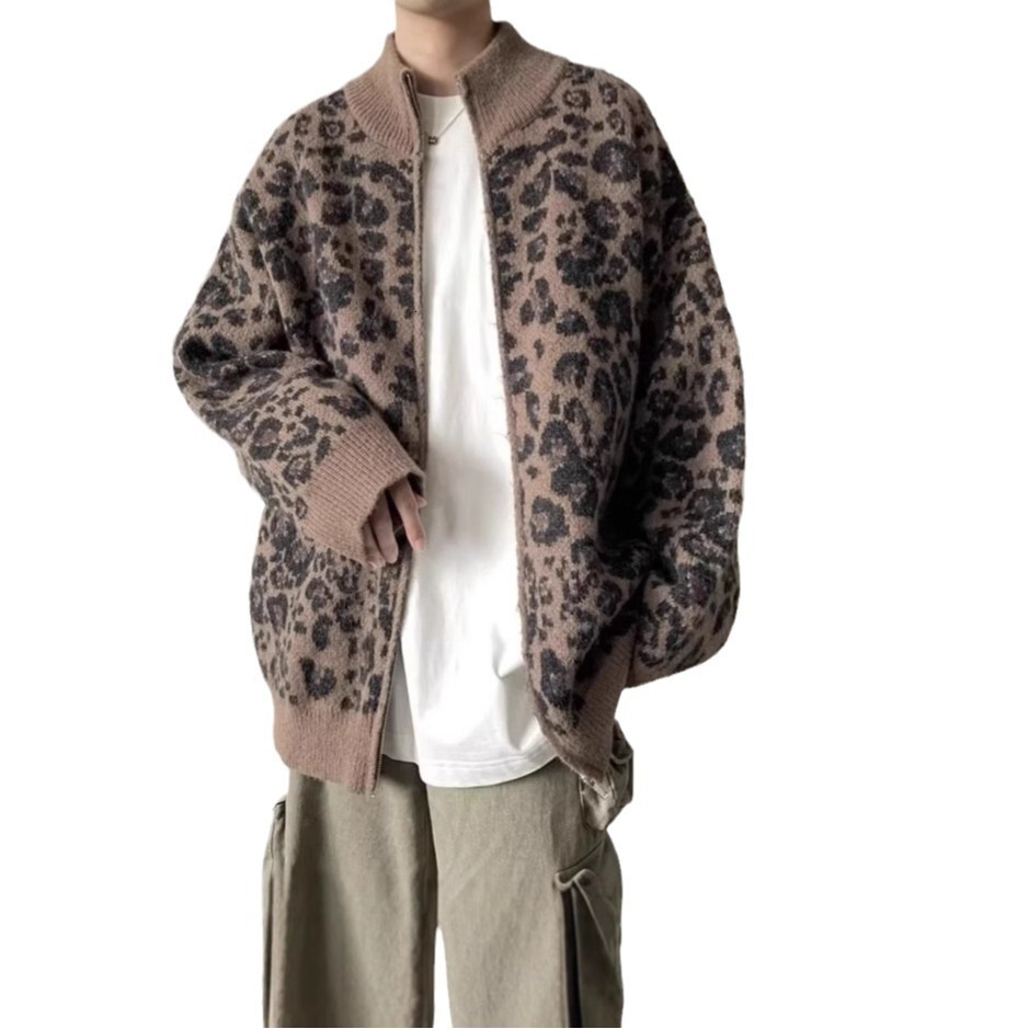 American Style Leopard Print Cardigan Sweater For Men Autumn Designer Jacket And Winter Lazy Style Design Sense Cool And Loose Stand Collar Knitted Ja