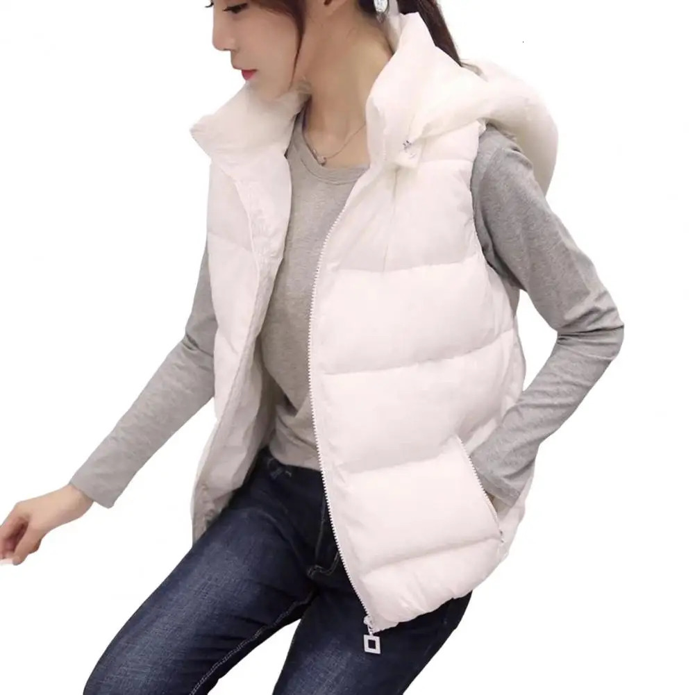 Women Sleeveless Pocket Hooded Vest Coats Winter Solid Color Warm Cotton Padded Jackets Waistcoat Female 251027
