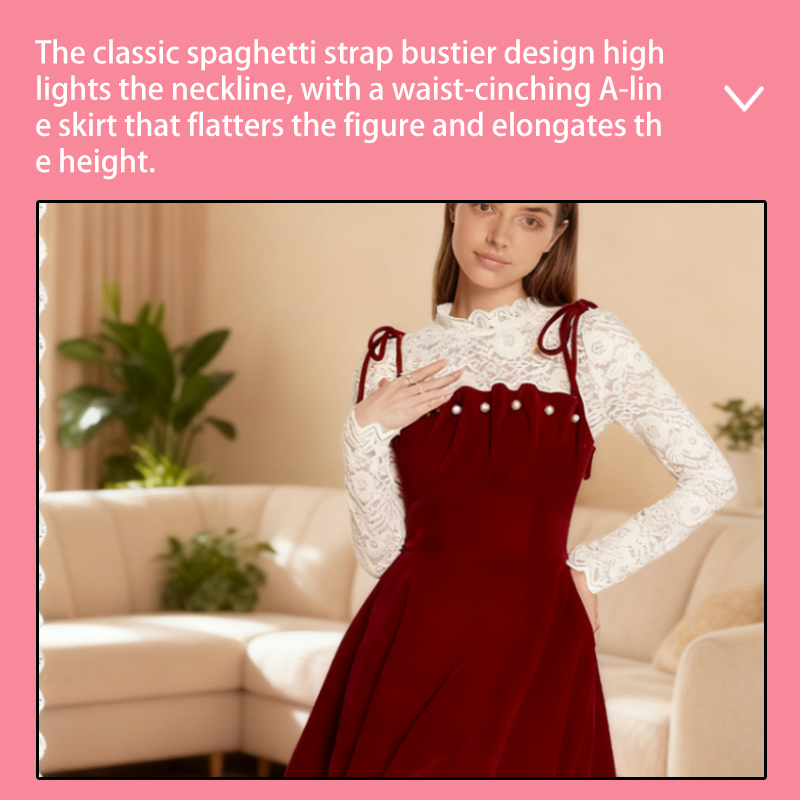 Prom Dresses Women's Burgundy Velvet Suspender Dress with Lace Top, Pearl Detail Mini Party Dress, Vintage-Inspired Cocktail & Holiday Wear YJY00