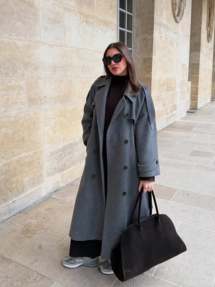 Fashion Belt Woolen Long Coat For Women Loose Lapel Sleeve Double Breasted Autumn Winter Overcoat Streetwears 251028