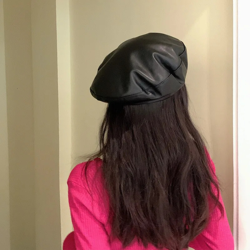 Women Pu Leather Beret Fashion Street French Artist Beanie Hat Autumn Winter Vintage Plain Beret Cap Solid Color Elegant Bonnet 251029