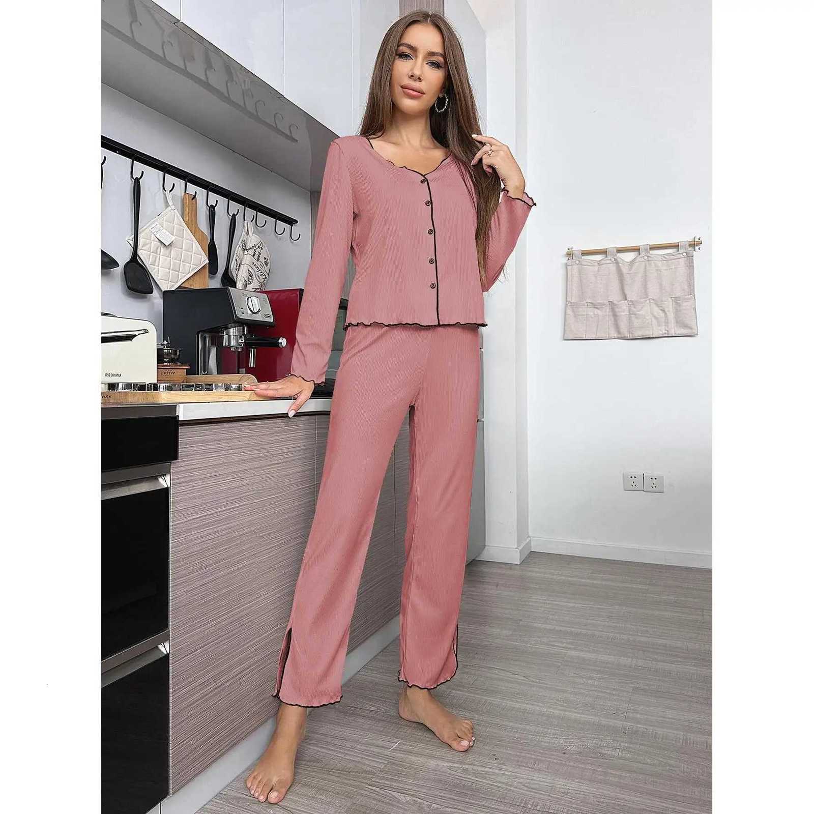 Europe hotselling womens pajamas set autumn and winter pit strip cardigan longsleeved trousers loungewear setT251029