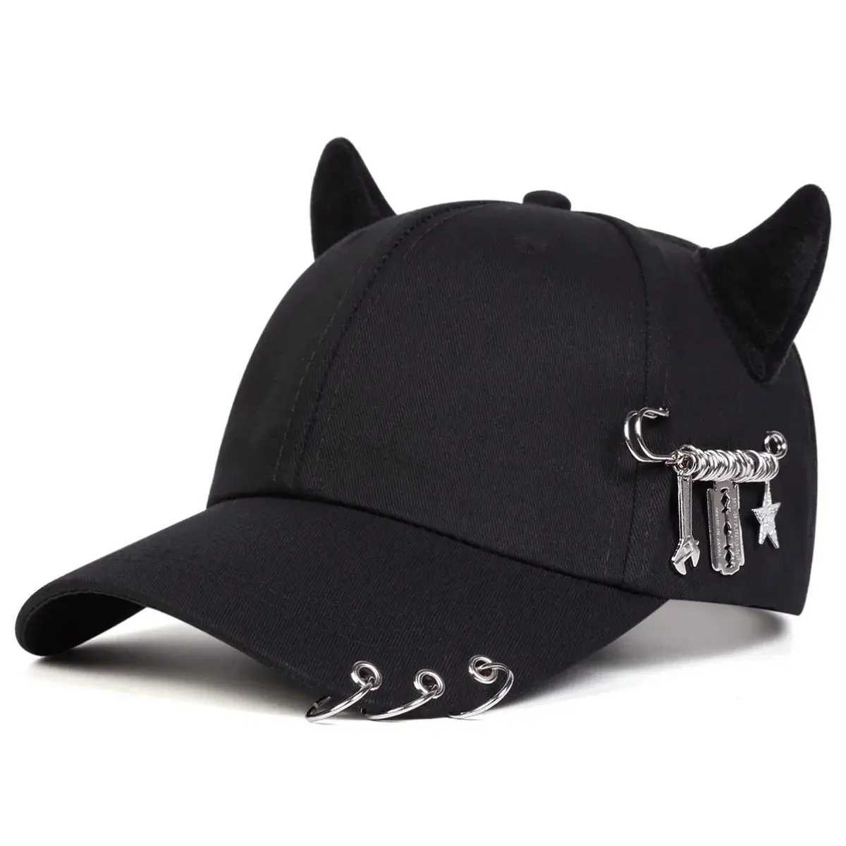 Personalized cow horn iron ring baseball cap versatile student curved brim duckbill cap for men and women street hiphopW251029