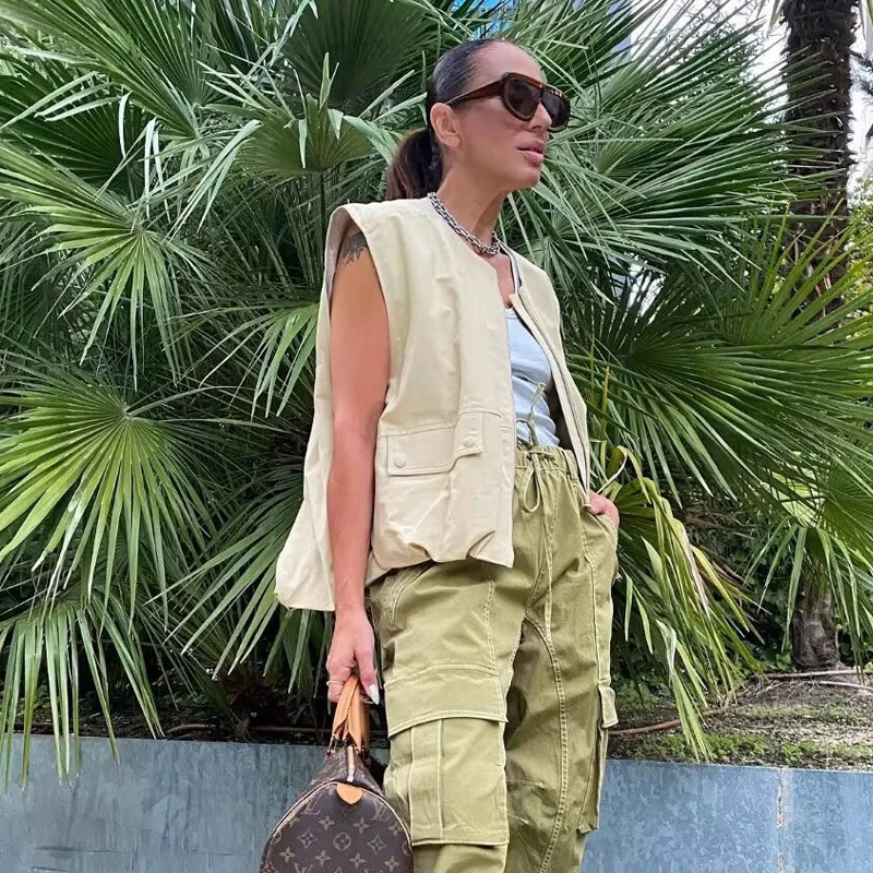 MUJER Ruched Sleeveless Vest Women Zip Loose Summer Vests for Women Streetwear Womens Jackets Holiday Casual Vest Top Women 251029
