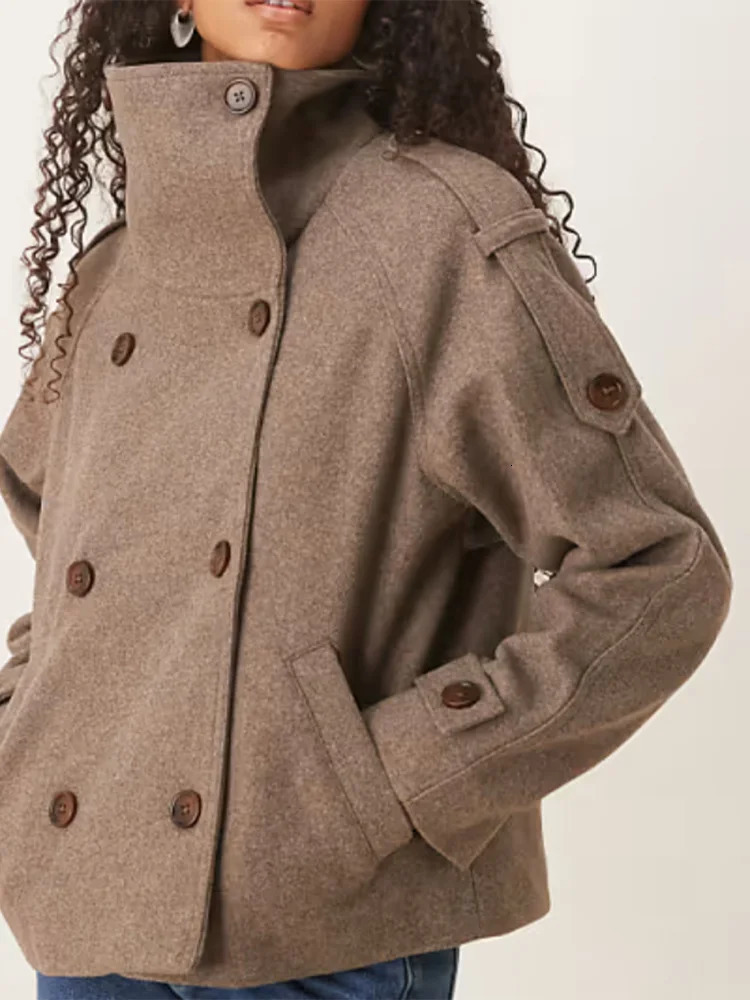 Elegant Solid Woolen Coats Women Full Sleeve Double Breasted Loose Stand Collar Jackets Female Autumn Lady Outwears 251028