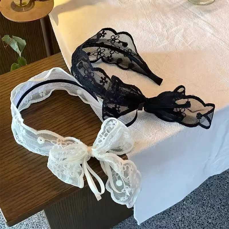 2025 French Lace Wide Headband Chiffon Bow Flowing Ribbon Hair Clip Boho Chic Vintage Hair AccessoryW251028
