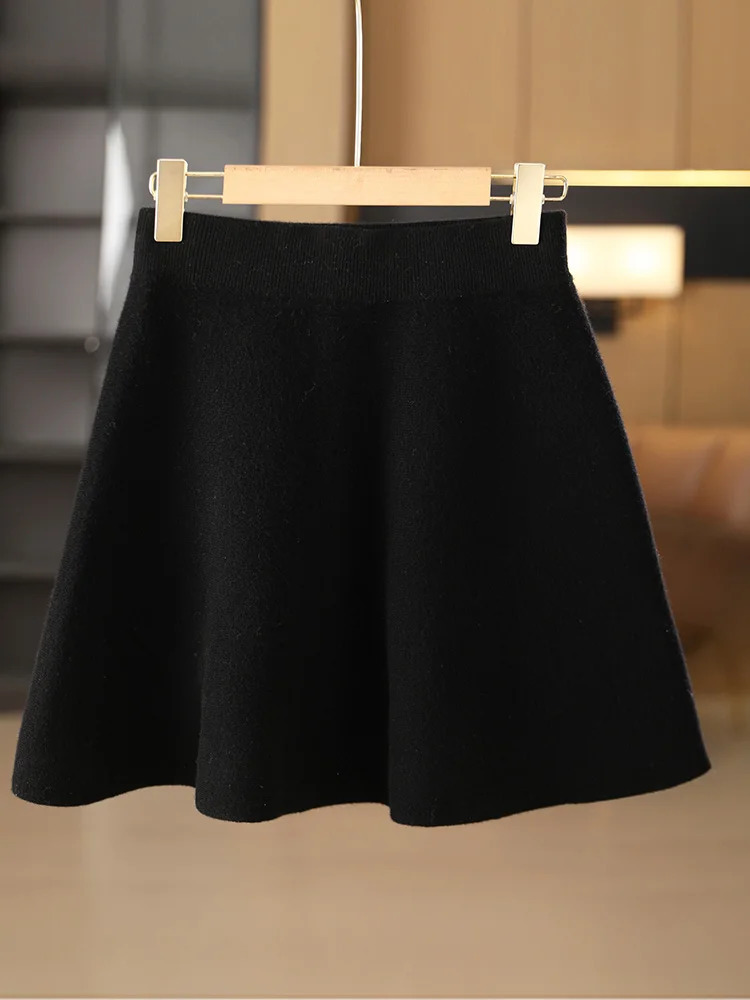 Womens Wool Skirt Autumn Winter Elastic Waist Mini ALine Cashmere Skirt 100 Merino Wool Knitted Above Knee Preppy Style Dress 251028
